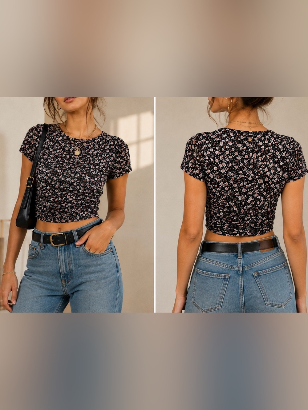 Altar’d State XS Black Floral Mesh Ruched Crop Top Boho Tee